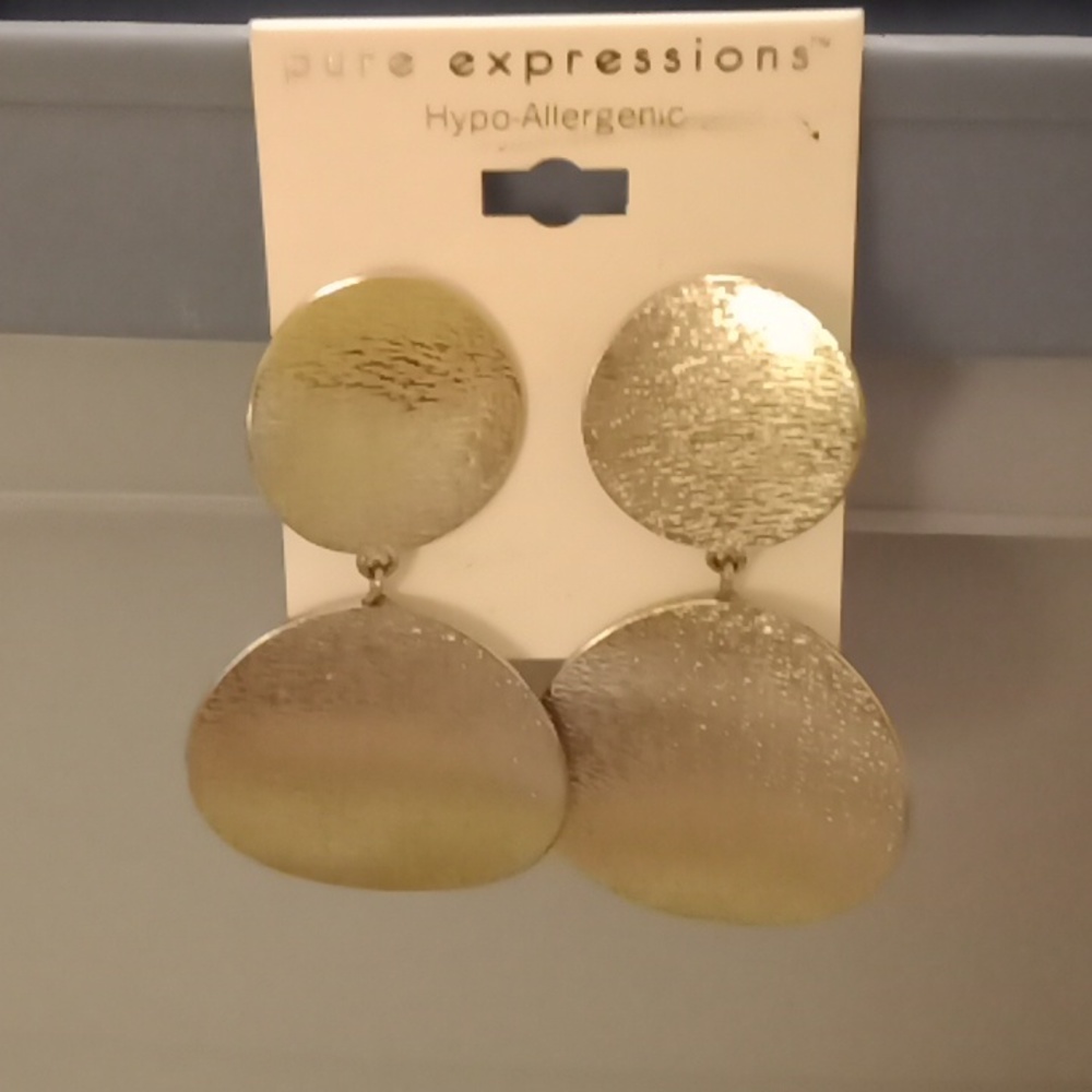New large metal silver circles dangle post earrings